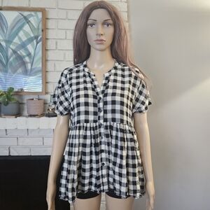 Anthropologie Top 11 1 Tylho Cream White Checkered Women's Babydoll Loose Fit